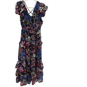 Koko Mason Women M Ruffle Black Floral Maxi Dress Flowy Romantic Whimsygoth NWTT